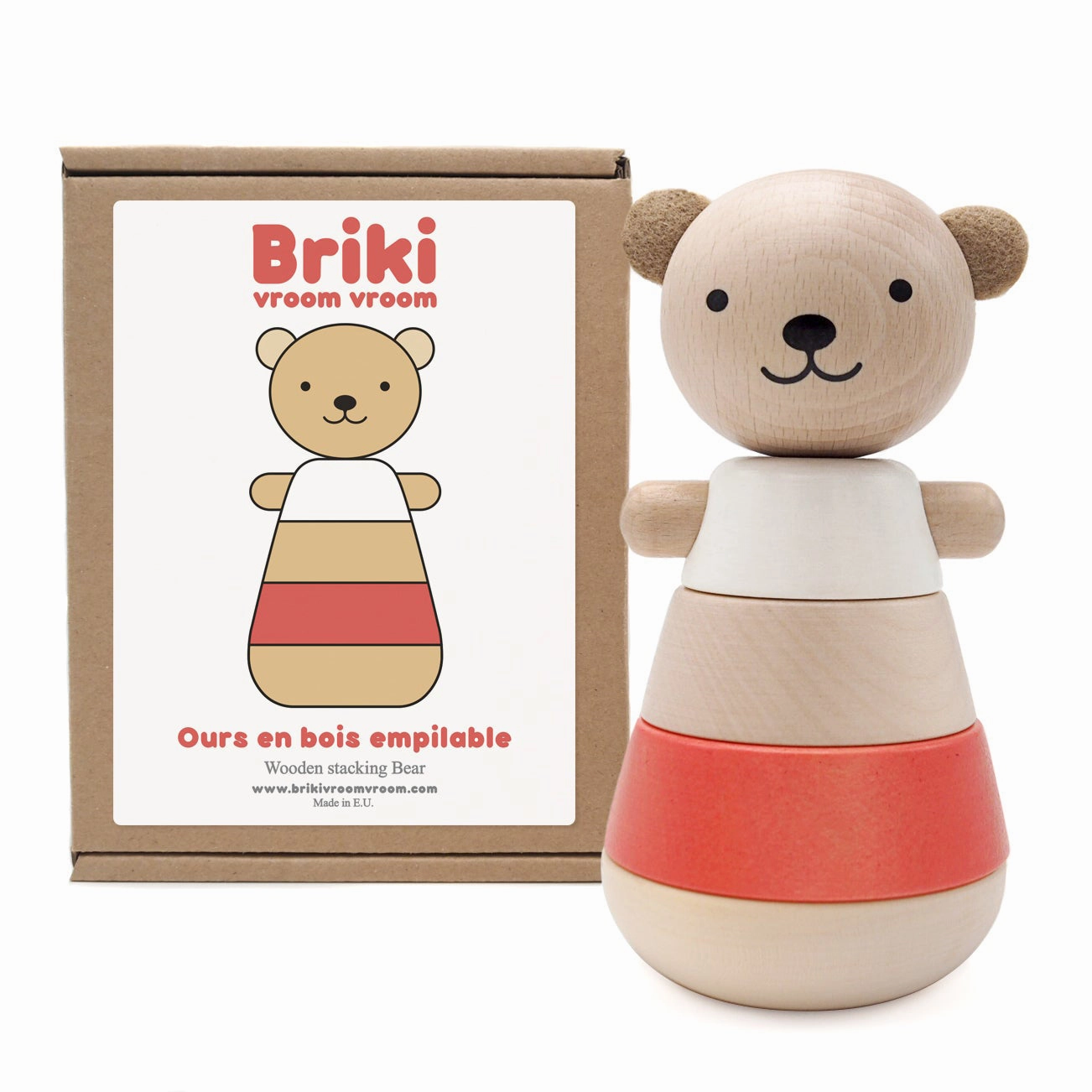 Briki Vroom Vroom Wooden Stacking Bear / Corail