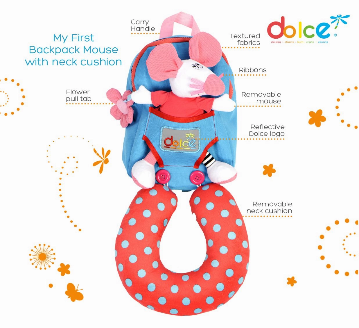 Dolce Toys Mouse Back Pack With Neck Support