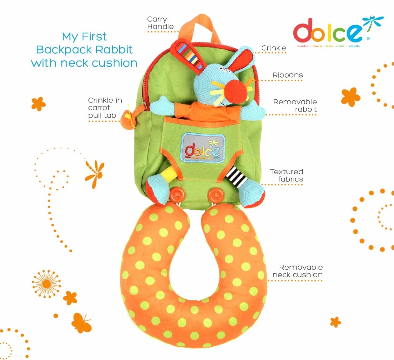 Dolce Toys Rabbit Back Pack With Neck Support