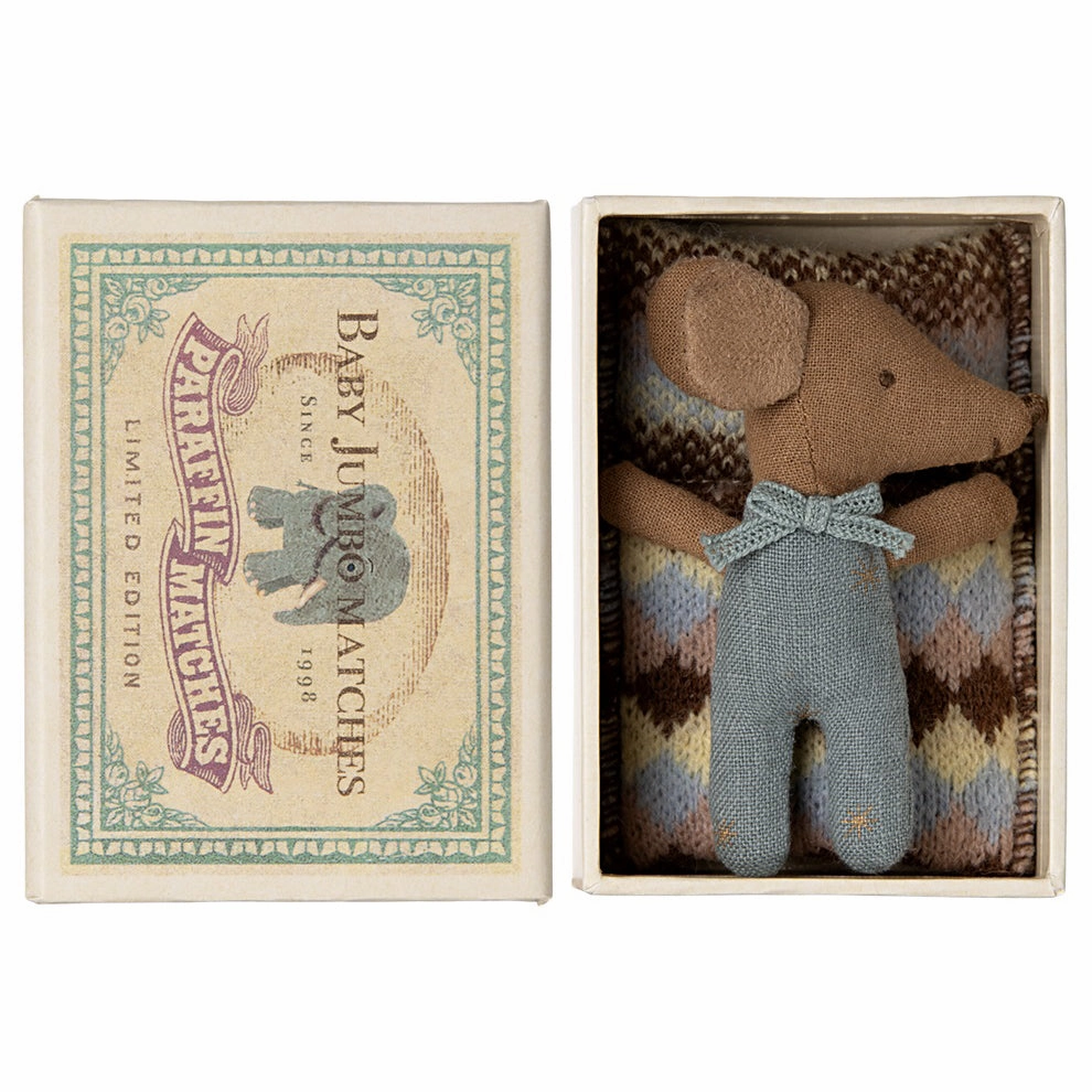 Maileg Sleepy Wakey Baby Mouse in Matchbox - Blue