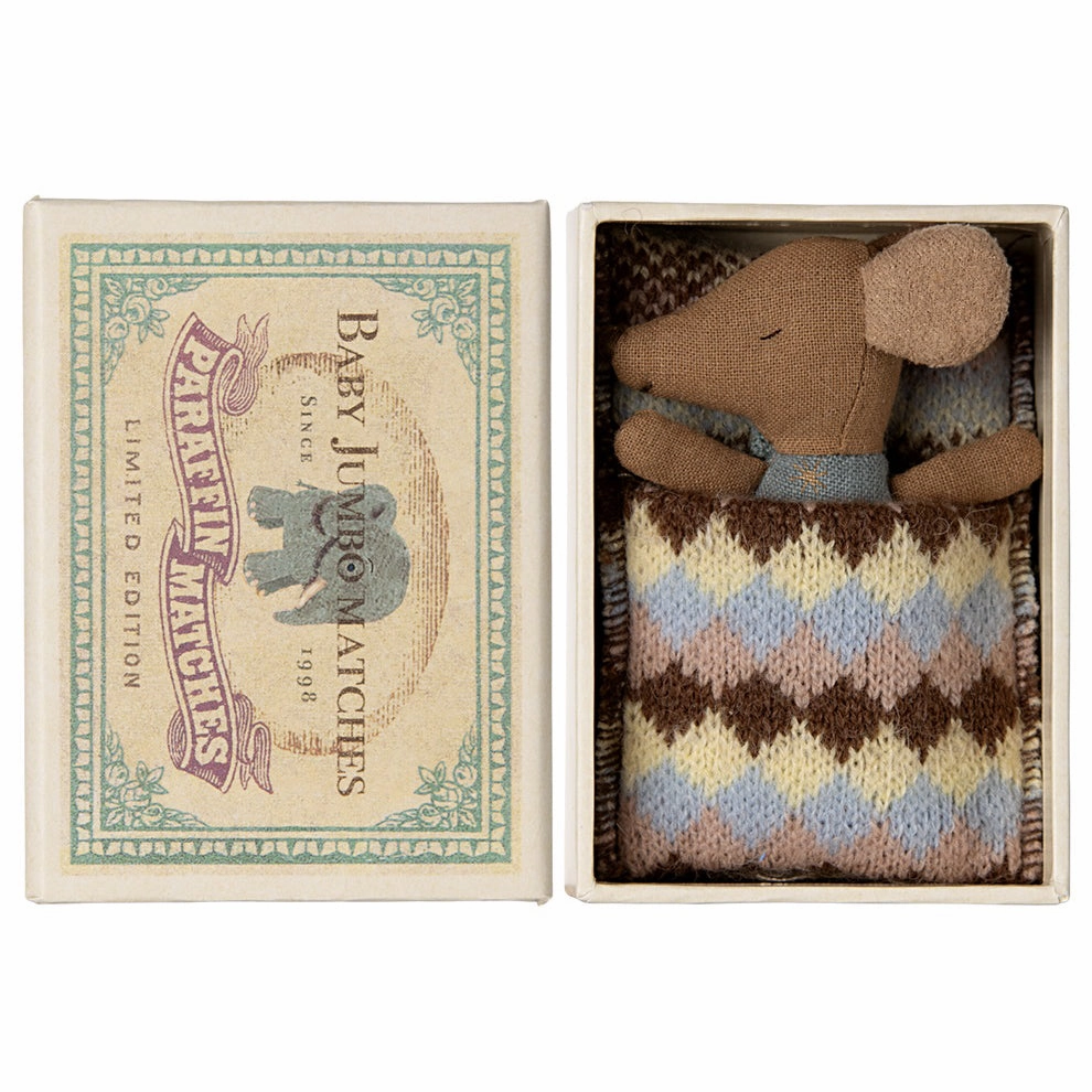 Maileg Sleepy Wakey Baby Mouse in Matchbox - Blue