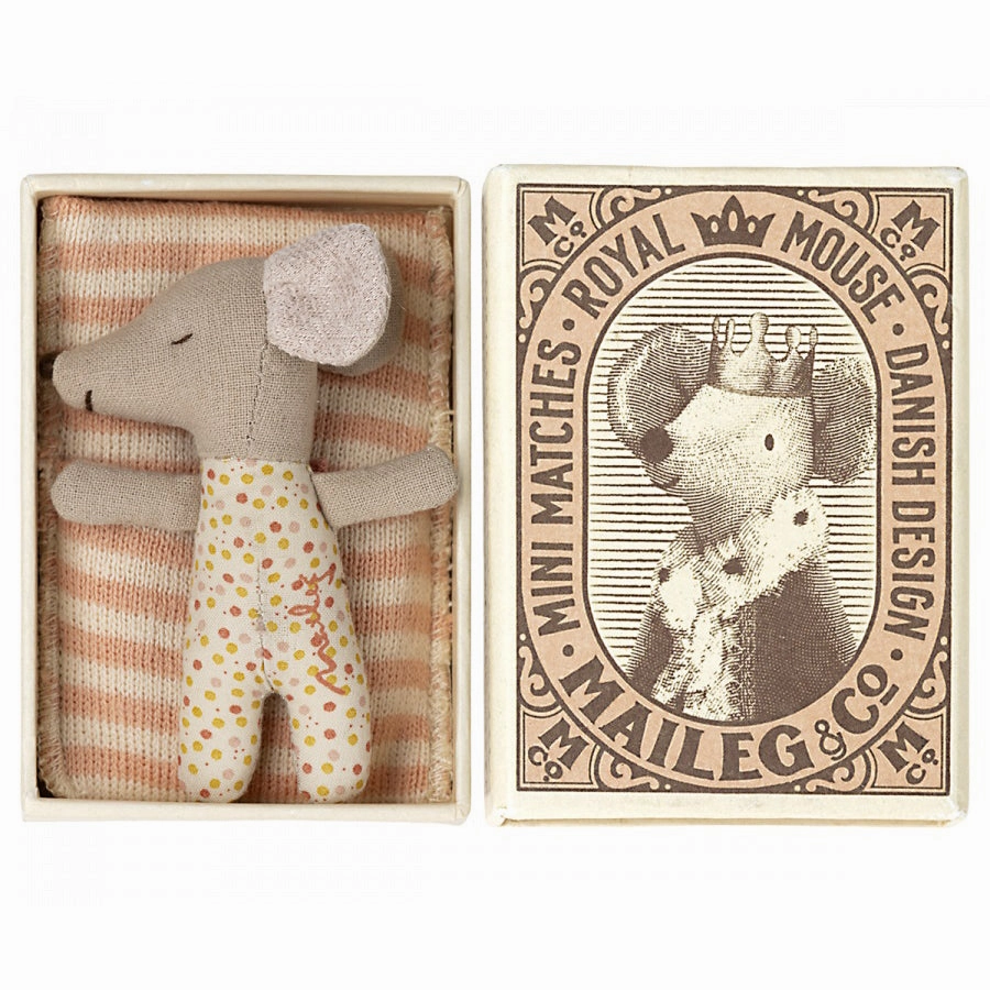 Maileg Sleepy/Wakey Baby Mouse in Matchbox - Rose