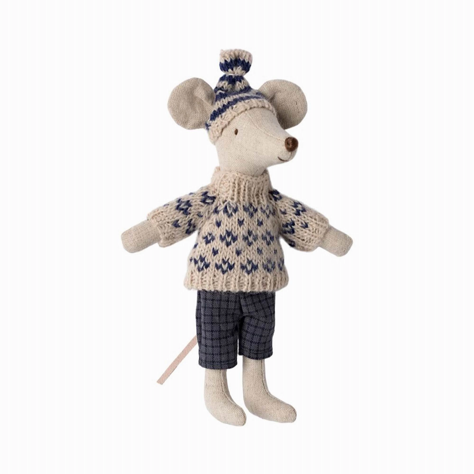 Maileg Winter Mouse With Ski Set, Dad  Blue