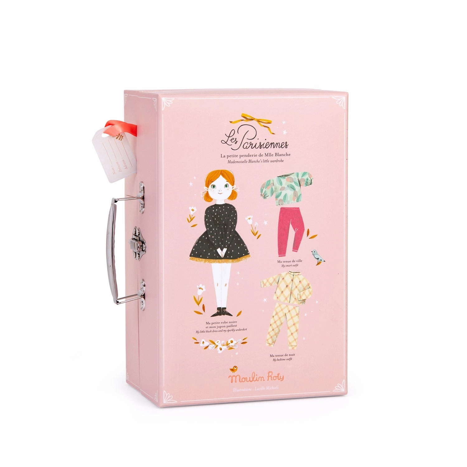 Moulin Roty Les Parisiennes Mlle Blanche's Little Wardrobe Suitcase Including Mlle Blanch Little Parisienne Girl 6 Apparels Hangers and Mirror