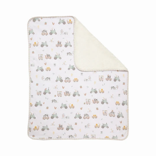 Organic Jersey Sherpa Baby Blanket Tractor ride - Living Textiles